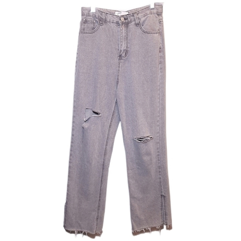 Super Koko Straight High Waist Jeans Ripped Distressed Raw Hem Ankle Denim